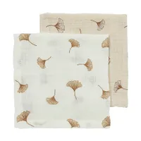 Meyco Baby Gingko Monddoekjes - 2 Stuks - 30 x 30 cm - Pre-Washed Hydrofiel - Offwhite/Soft Sand