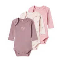 Name It Romper - 3P LS Solid Rib - Pink Bow - Mt. 62