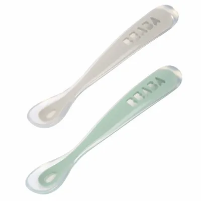Béaba Siliconen Lepelset Met Reisetui - 2 Stuks - Duo Clay/Grijsgroen