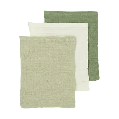 Meyco Baby Uni Washandjes - 3 Stuks - Pre-Washed Hydrofiel - Naturel/Soft Olive/Olive Green