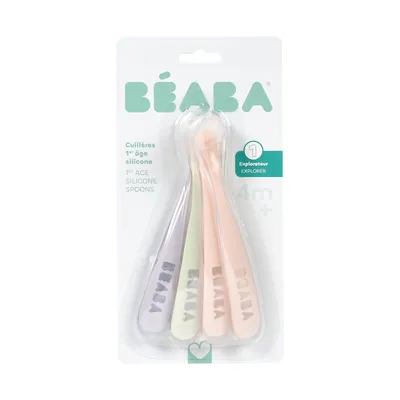 Beaba Set van 4 siliconenlepels 1ste leeftijd - Cotton Candy / Marshmellow / Grijsgroen / Lila