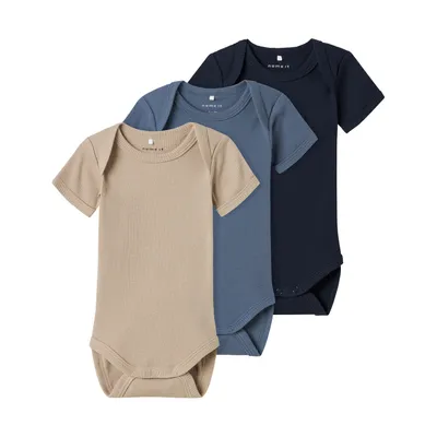 Name It Romper - 3P SS Solid Rib - China Blue 