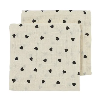 Meyco Baby Sweet Heart Tetra Doeken - 2-pack - Soft Sand/Black - 70x70 cm