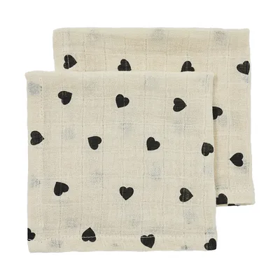 Meyco Baby Sweet Heart Monddoekjes - 2-pack - Soft Sand/Black - 30x30 cm