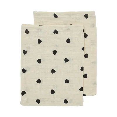 Meyco Baby Sweet Heart Washandjes - 2-pack - Soft Sand/Black - 20x17 cm