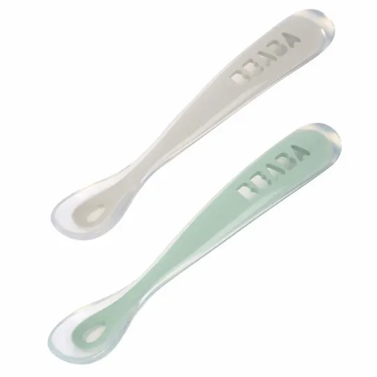 Béaba Siliconen Lepelset Met Reisetui - 2 Stuks - Duo Clay/Grijsgroen