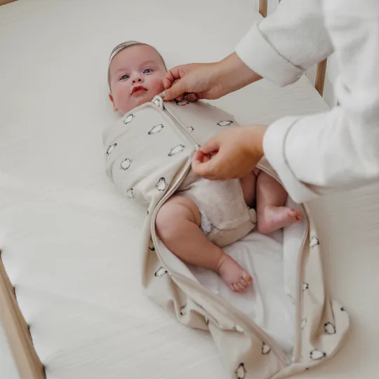 Meyco Cocoon Inbakerslaapzak - 70cm - Penguin - Soft Sand 