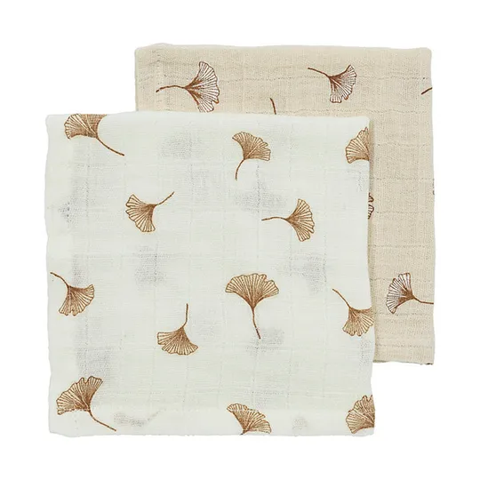 Meyco Baby Gingko Monddoekjes - 2 Stuks - 30 x 30 cm - Pre-Washed Hydrofiel - Offwhite/Soft Sand