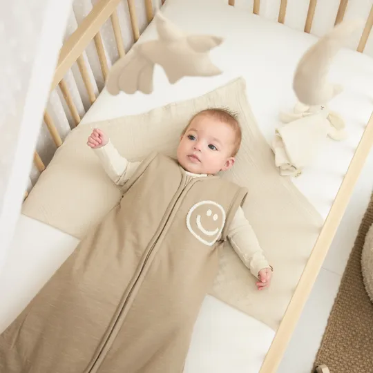 Meyco Baby Smile Slaapzak Met Afritsbare mouw - 90 cm - Slub - Taupe/Offwhite
