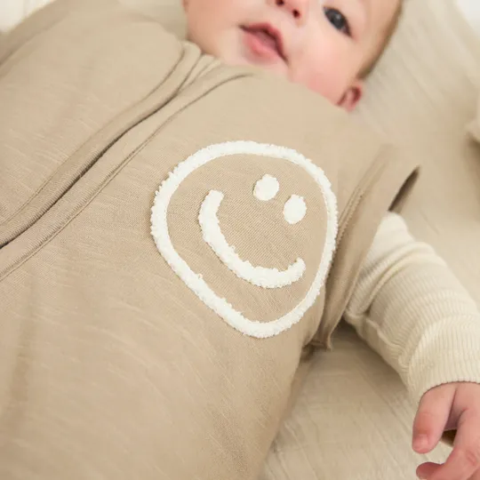 Meyco Baby Slaapzak Met Afritsbare Mouwen Slub Met Smile Applicatie Taupe / Offwhite 70 cm