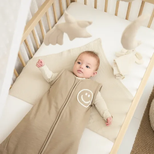 Meyco Baby Slaapzak Met Afritsbare Mouwen Slub Met Smile Applicatie Taupe / Offwhite 70 cm
