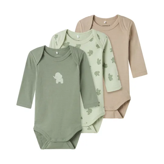 Name It Romper - 3P LS Solid Rib - Elephant