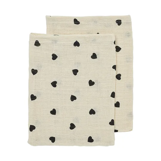Meyco Baby Sweet Heart Washandjes - 2-pack - Soft Sand/Black - 20x17 cm