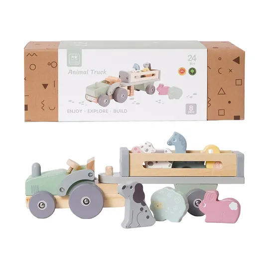 Phoohi Houten Traktor Met Trailer 8-Delig - Pastelkleur