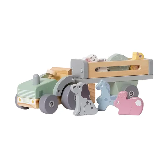 Phoohi Houten Traktor Met Trailer 8-Delig - Pastelkleur