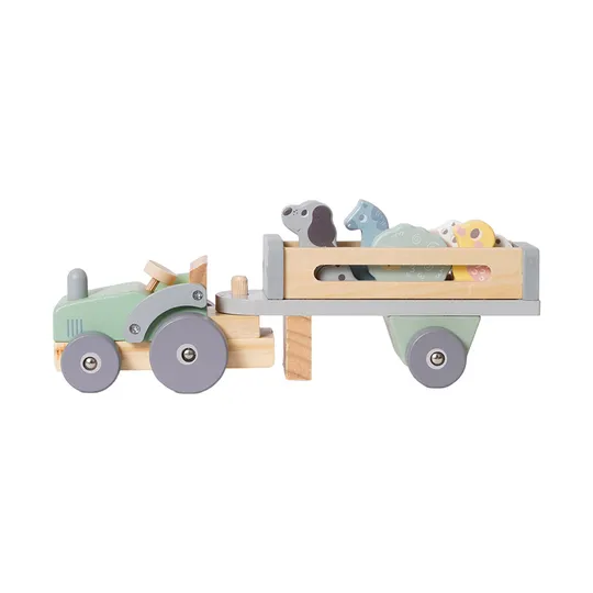 Phoohi Houten Traktor Met Trailer 8-Delig - Pastelkleur